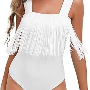 White Fringe Bodysuit, never worn, size small